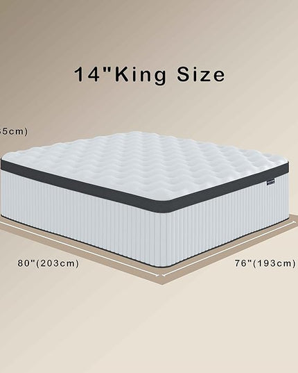 King Mattress, 14 Inch Innerspring Hybrid Mattress in a Box with Gel Memory Foam, Individually Wrapped Encased Coil Pocket Spring Mattress, Pressure Relief, Medium Firm Support,76"*80"*14" - LeafyLoom