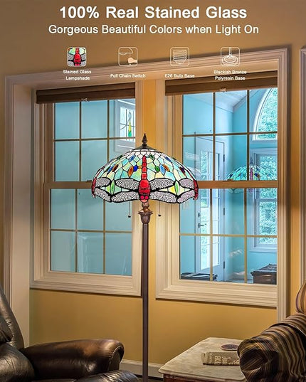 Capulina Tiffany Floor Lamp Fine Sky Dragonfly Style Stained Glass Standing Light Industrial Dark Bronze Pole for Living Room Bedroom Home Office - LeafyLoom