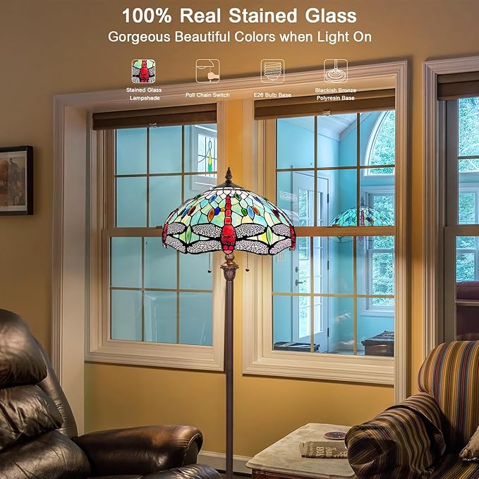 Capulina Tiffany Floor Lamp Fine Sky Dragonfly Style Stained Glass Standing Light Industrial Dark Bronze Pole for Living Room Bedroom Home Office - LeafyLoom