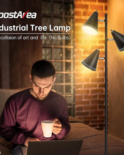 BoostArea Tree Floor Lamp with 3 Adjustable Rotating,Sturdy Industrial Floor Lamp,E26 Socket,Stand Up Tall Pole Lamps for Living Room, Bedroom, Home, Office(No Bulbs) - LeafyLoom
