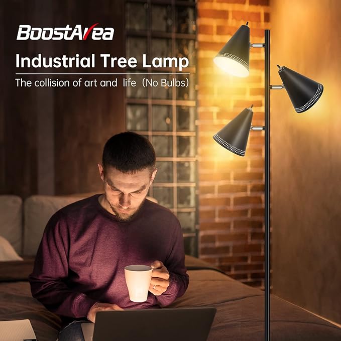 BoostArea Tree Floor Lamp with 3 Adjustable Rotating,Sturdy Industrial Floor Lamp,E26 Socket,Stand Up Tall Pole Lamps for Living Room, Bedroom, Home, Office(No Bulbs) - LeafyLoom