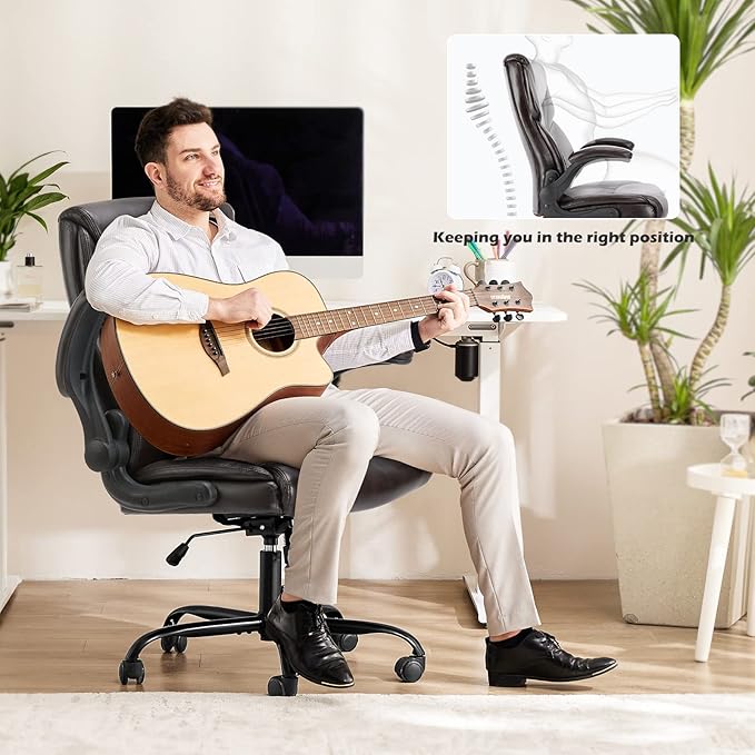 JHK Leather Office Chair with Flip Up Arms, Executive High Back Big and Tall Desk Chairs with Ergonomic Lumbar Support, Adjustable Height,Wheels, Soft Padded, Brown - LeafyLoom