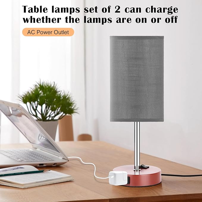 ZJOJO Table Lamp Bedside Lamps for Bedroom, Lamps for Bedrooms Set of 2 with 3 Way Dimmable Using Rocker Switch Nightstand Lamp Night Lamp with AC 2 Outlets for Living Room/Reading Room - LeafyLoom