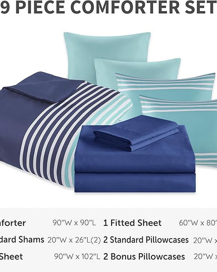 Comfort Spaces Queen Comforter Sets with Sheets - Bed in a Bag 9 Pieces Teen Bedding Sets Queen, Navy and Grey Stripes Bedding Queen, College Queen Bed Set, 2 Side Pocket Bedroom Organizer Queen Navy - LeafyLoom