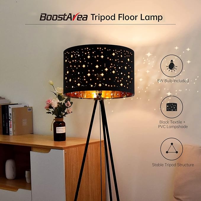 BoostArea Floor Lamp, Tripod Floor Lamp, 8W LED Bulb, Decorative Lamp Shade, Mid Century Standing Lamp for Living Room, Bedroom, Study Room and Office - LeafyLoom