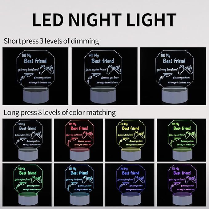 Personalized Gifts for Best Friends: 3D Illusion Lamp Engraved Acrylic LED Rechargeable Night Light with 3 Level Brightness 10 Color Modes-Friend Gifts for Thanksgiving Christmas Birthday - LeafyLoom