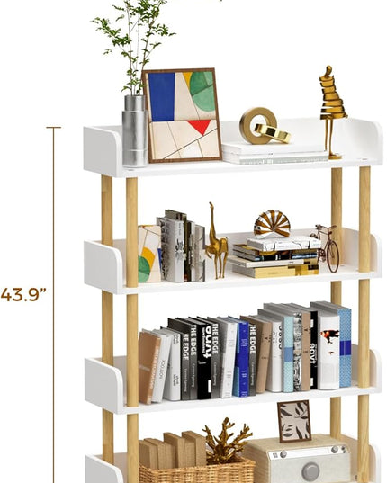 4-Tier Wooden Bookshelf, Modern Open Bookcase with Top Edge and Solid Wood Frame, Freestanding Bookshelf Storage Organizer for Home Office Living Room - LeafyLoom
