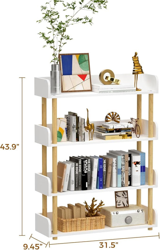 4-Tier Wooden Bookshelf, Modern Open Bookcase with Top Edge and Solid Wood Frame, Freestanding Bookshelf Storage Organizer for Home Office Living Room - LeafyLoom