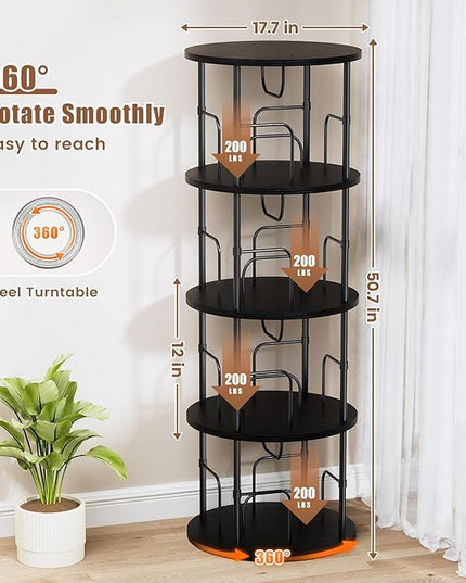 Rotating Bookshelf, 4 Tier Spinning Bookshelf Tower, 360° Display Unique Round Bookcase, Floor Standing Corner Revolving Bookshelf Storage Organizer for Small Spaces, Home Study Office, Black - LeafyLoom
