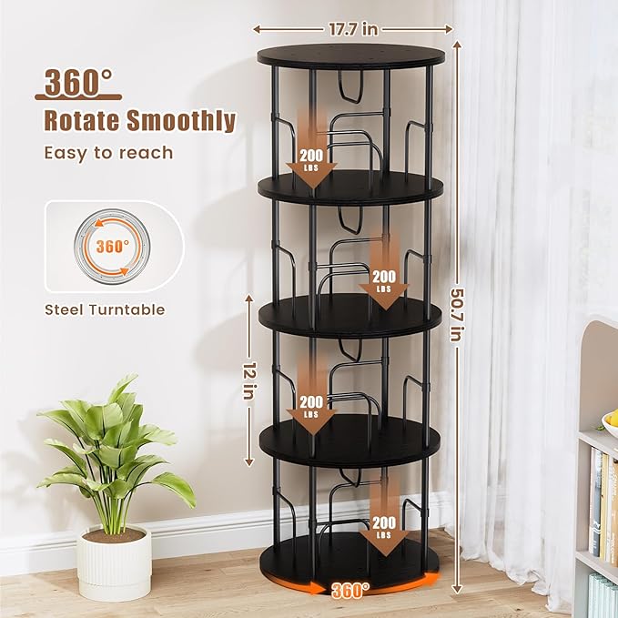 Rotating Bookshelf, 4 Tier Spinning Bookshelf Tower, 360° Display Unique Round Bookcase, Floor Standing Corner Revolving Bookshelf Storage Organizer for Small Spaces, Home Study Office, Black - LeafyLoom