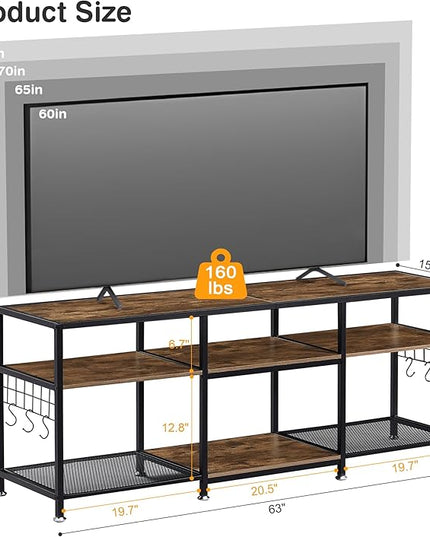 VECELO TV Stand for Televisions up to 70 Inch, Industrial Entertainment Center with 3-Tier Open Storage Shelves& Hooks for Living, Bedroom and Gaming Room, 63 Inch, Brown - LeafyLoom