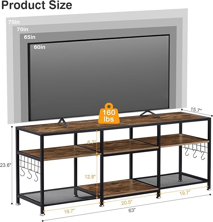 VECELO TV Stand for Televisions up to 70 Inch, Industrial Entertainment Center with 3-Tier Open Storage Shelves& Hooks for Living, Bedroom and Gaming Room, 63 Inch, Brown - LeafyLoom