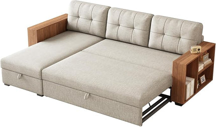 Convertible L Shaped Pull Out Couch with Storage Chaise and Wood Cabinet Armrests,Sectional Sleeper Sofa Bed W/ 3 Removable Back Cushions for Living Room,Office,Apartment,Beige,84" - LeafyLoom