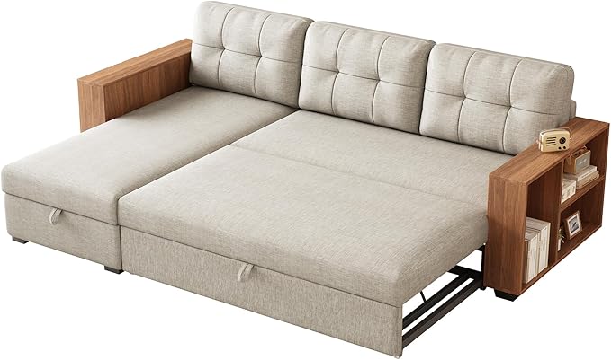 L Shaped Pull Out Couch with Storage Chaise and 2 Side Cabinet Armrests,Convertible Sectional Sleeper Sofa Bed W/ 3 Removable Back Cushions for Living Room,Office,Beige,84" - LeafyLoom