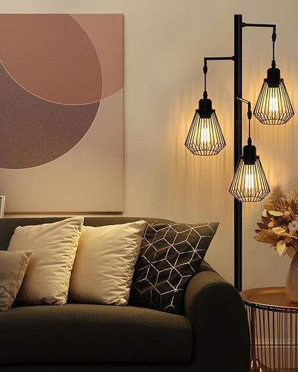 Industrial Floor Lamps for Living Room, Farmhouse Standing Lamp with 3 Hanging Teardrop Cage Shades, 68" Modern Rustic Tree Tall Lamps with Pedal Switch for Bedroom Office Home Light Decor, Black - LeafyLoom