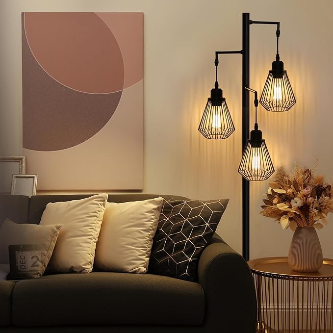 Industrial Floor Lamps for Living Room, Farmhouse Standing Lamp with 3 Hanging Teardrop Cage Shades, 68" Modern Rustic Tree Tall Lamps with Pedal Switch for Bedroom Office Home Light Decor, Black - LeafyLoom