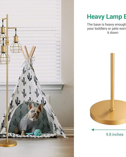 EDISHINE Industrial Dimmable Floor Lamp Gold, Farmhouse Standing Lamp for Living Room with 3 LED Edison Bulbs, Modern Tall Standing Corner Lamp with Metal Diamond Cage for Bedroom, Office - LeafyLoom