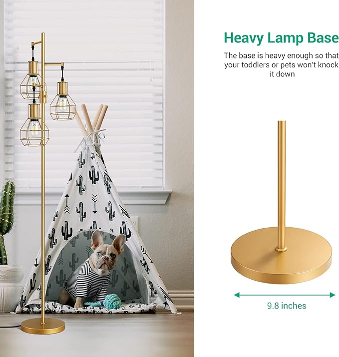 EDISHINE Industrial Dimmable Floor Lamp Gold, Farmhouse Standing Lamp for Living Room with 3 LED Edison Bulbs, Modern Tall Standing Corner Lamp with Metal Diamond Cage for Bedroom, Office - LeafyLoom