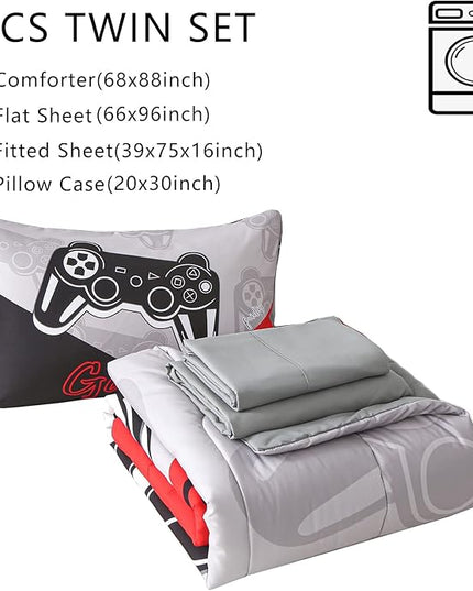 KAKKI 4 Piece Boys Twin Gamer Comforter Set with Sheets, 3D Colorful Video Game Controller Comforter for Kids Teen, All Season Soft Microfiber Gaming Bedding Set(Red,Twin) - LeafyLoom