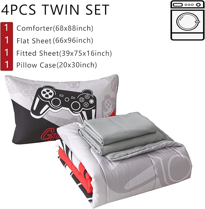 KAKKI 4 Piece Boys Twin Gamer Comforter Set with Sheets, 3D Colorful Video Game Controller Comforter for Kids Teen, All Season Soft Microfiber Gaming Bedding Set(Red,Twin) - LeafyLoom