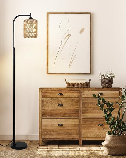 Floor Lamps for Living Room Bright Lighting, Boho Rattan Floor Lamp, Modern Farmhouse Standing Lamp with 2-in-1 Rattan Shades, Minimalist Industrial Tall Pole Lamp for Bedroom Office, Black - LeafyLoom