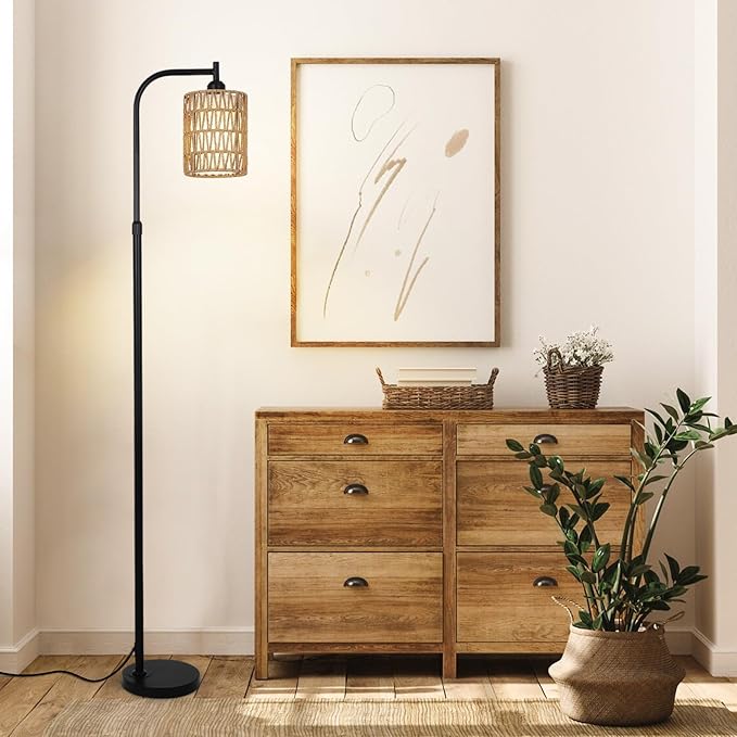 Floor Lamps for Living Room Bright Lighting, Boho Rattan Floor Lamp, Modern Farmhouse Standing Lamp with 2-in-1 Rattan Shades, Minimalist Industrial Tall Pole Lamp for Bedroom Office, Black - LeafyLoom