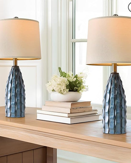 23.75" Modern Blue Ceramic Lamps Set of 2 for Living Room Study Room Office Dorm Farmhouse Nightstand, End Table Lamps - LeafyLoom