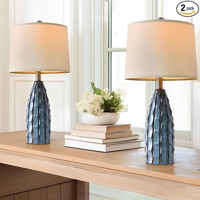 23.75" Modern Blue Ceramic Lamps Set of 2 for Living Room Study Room Office Dorm Farmhouse Nightstand, End Table Lamps - LeafyLoom