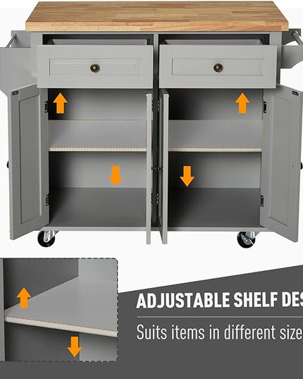 HOMCOM Kitchen Island on Wheels, Rolling Cart with Rubberwood Top, Spice Rack, Towel Rack and Drawers for Dining Room, Grey - LeafyLoom