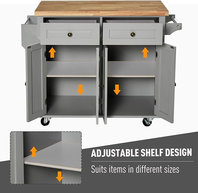 HOMCOM Kitchen Island on Wheels, Rolling Cart with Rubberwood Top, Spice Rack, Towel Rack and Drawers for Dining Room, Grey - LeafyLoom