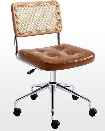 Zesthouse Mid Century Home Office Chair Leather Desk Chair with Rattan Back, Vanity Chair for Girls Women, Upholstered Swivel Chair, Adjustable Height Computer Task Chair - LeafyLoom