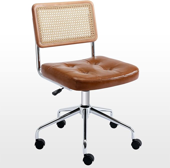 Zesthouse Mid Century Home Office Chair Leather Desk Chair with Rattan Back, Vanity Chair for Girls Women, Upholstered Swivel Chair, Adjustable Height Computer Task Chair - LeafyLoom