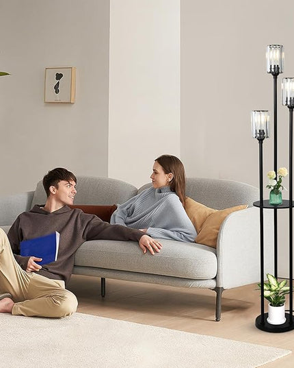 HMVPL Crystal Floor Lamp with Shelves, Modern Floor Lamps for Living Room, 3-Light Standing Lamps with Table, Black Floor Lamp with Crystal Shade, On/Off Foot Switch, Corner Floor Lamp for Bedroom - LeafyLoom