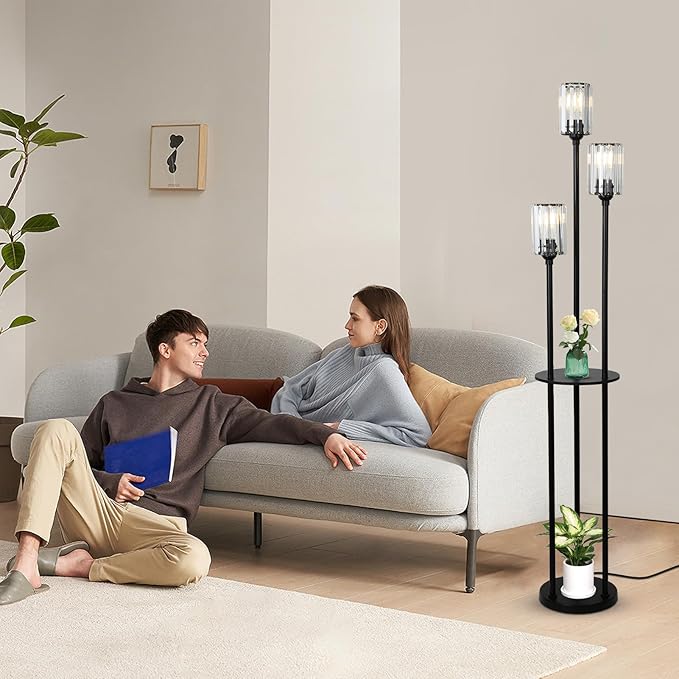HMVPL Crystal Floor Lamp with Shelves, Modern Floor Lamps for Living Room, 3-Light Standing Lamps with Table, Black Floor Lamp with Crystal Shade, On/Off Foot Switch, Corner Floor Lamp for Bedroom - LeafyLoom