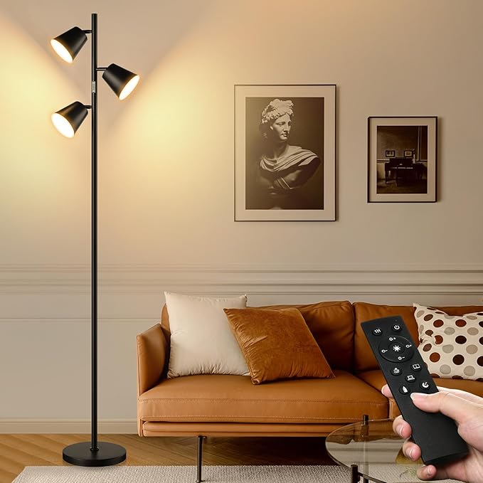 [2024 New]Dimmable LED Floor Lamp with Remote & Touch Control, 3 x 800LM Modern Tree Standing Lamp, 4 Color Temperatures, 3 Rotatable LED Light Floor Lamps for Living Room Bedroom Office-Matte Black - LeafyLoom