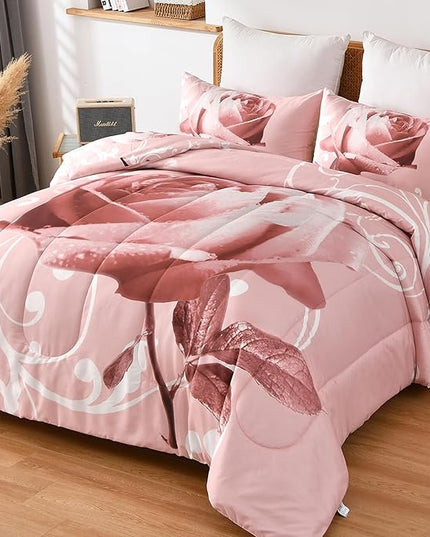 WONGS BEDDING Pink Comforter Set Queen Reversible Pink Rose Pattern Printed Bedding Comforter Set with 2 Pillowcases for All Season, Soft Microfiber Filling Bedding Set 90"x90" - LeafyLoom