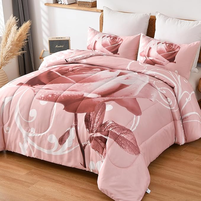 WONGS BEDDING Pink Comforter Set Queen Reversible Pink Rose Pattern Printed Bedding Comforter Set with 2 Pillowcases for All Season, Soft Microfiber Filling Bedding Set 90"x90" - LeafyLoom