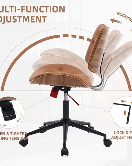 Armless Home Office Chair Modern Walnut Chair with Wheels Mid Back Swivel Computer Chair No arm Adjustable Height Leather Desk Chair for Reading,Meeting Room (Orange) - LeafyLoom