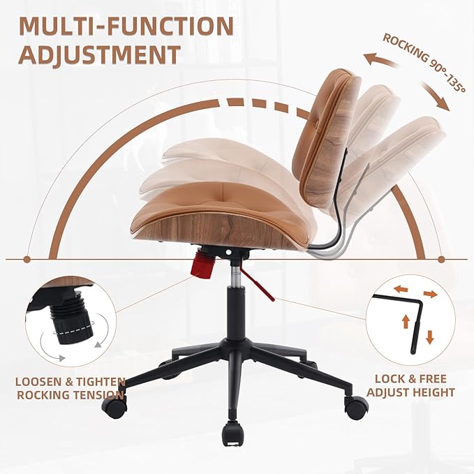 Armless Home Office Chair Modern Walnut Chair with Wheels Mid Back Swivel Computer Chair No arm Adjustable Height Leather Desk Chair for Reading,Meeting Room (Orange) - LeafyLoom