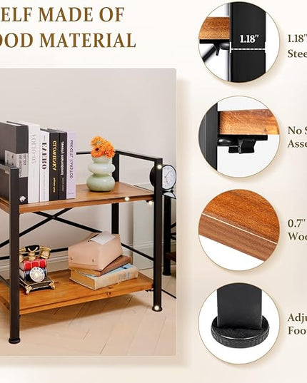 Rustic Bookshelf, 2 Tier Real Wood Bookshelf, Metal Book Shelf for Storage, Black Bookcase, 12.6" D x 23.62" W x 22.83" H - LeafyLoom
