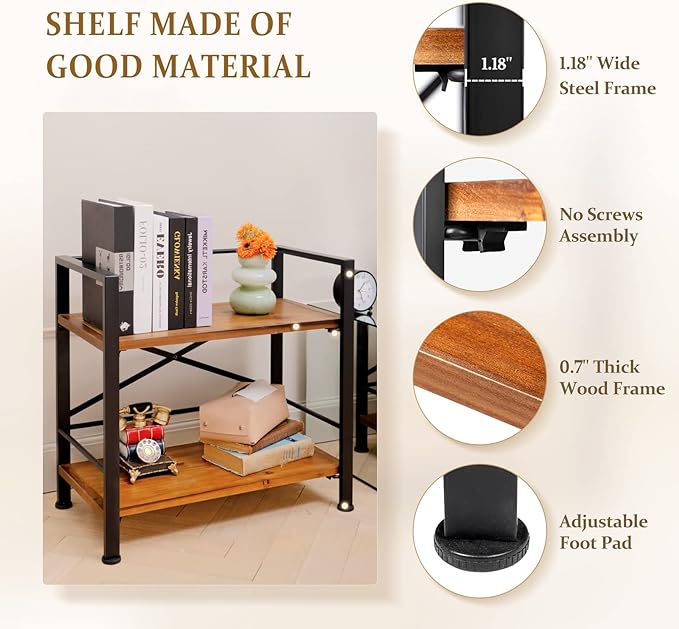 Rustic Bookshelf, 2 Tier Real Wood Bookshelf, Metal Book Shelf for Storage, Black Bookcase, 12.6" D x 23.62" W x 22.83" H - LeafyLoom