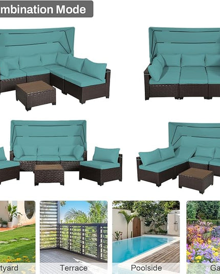 6 PCS Outdoor Patio Furniture Set,Sectional Sofa Set,Rattan Daybed with Retractable Canopy,Adjustable Backrest,Storage Coffee Table,Chaise Chair Sunbed for Garden Poolside Backyard(Walnut Green) - LeafyLoom