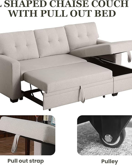 L Shape Sleeper Sofa Bed with Storage, Large Full Size Pull Out Sectional Couch, Futon Chaise Lounge Recliner for Living Room, Apartment, Bedroom, Office, Beige - LeafyLoom