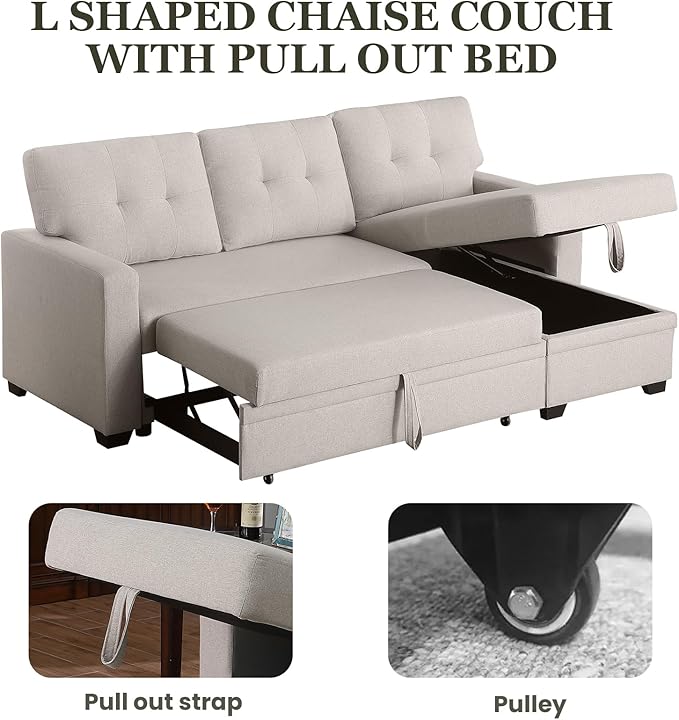 L Shape Sleeper Sofa Bed with Storage, Large Full Size Pull Out Sectional Couch, Futon Chaise Lounge Recliner for Living Room, Apartment, Bedroom, Office, Beige - LeafyLoom