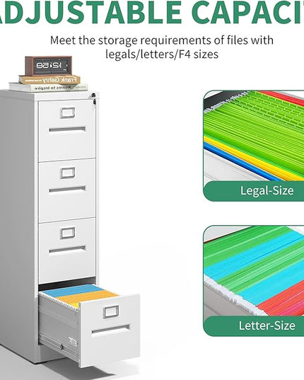 4 Drawer File Cabinet,Metal Filing Cabinets with Lock,White Vertical File Cabinet for Home Office,Heavy Duty Metal Storage Cabinet for A4/Letter/Legal Size File,Assembly Required - LeafyLoom