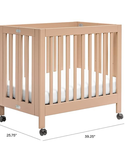 Babyletto Origami Mini Portable Folding Crib with Wheels in Canyon, 2 Adjustable Mattress Positions, Greenguard Gold Certified - LeafyLoom