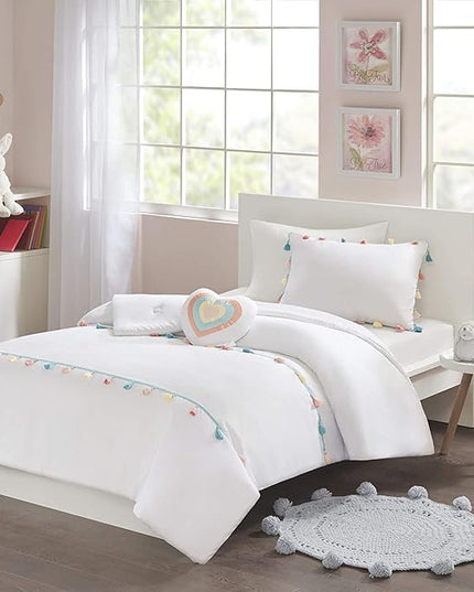 Mi Zone Kids Tessa Cozy Comforter Set, Colorful Fun Design All Season Children Bedding Girls Bedroom Décor, Full/Queen, White with Colorful Tassel 4 Piece - LeafyLoom