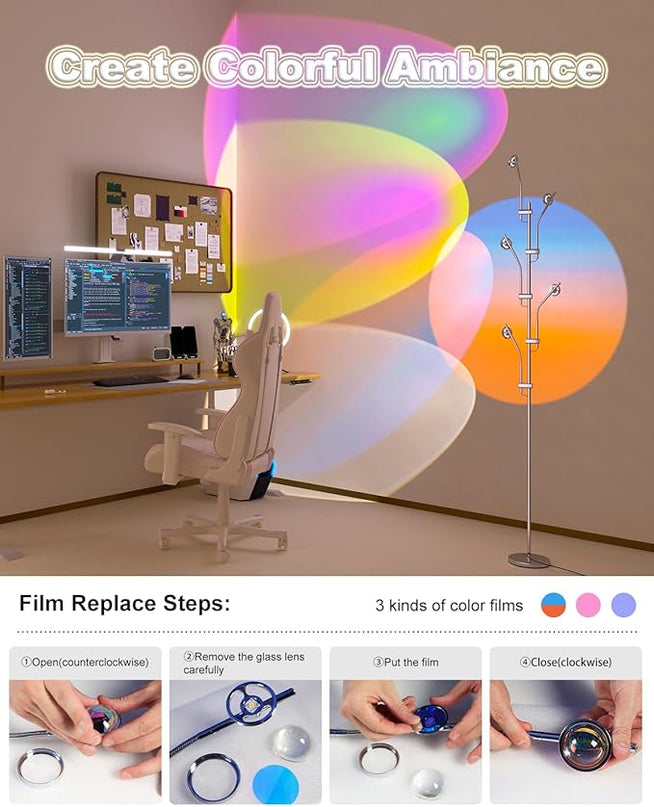 TACAHE RGBW Halo Projector Floor Lamp - 4000K LED with Replaceable Color Filters - Light and Shadow Mood Light - Multi-Head Ambient Decor Lighting for Bedroom, Living Room - 73" - 12W - Chrome - LeafyLoom