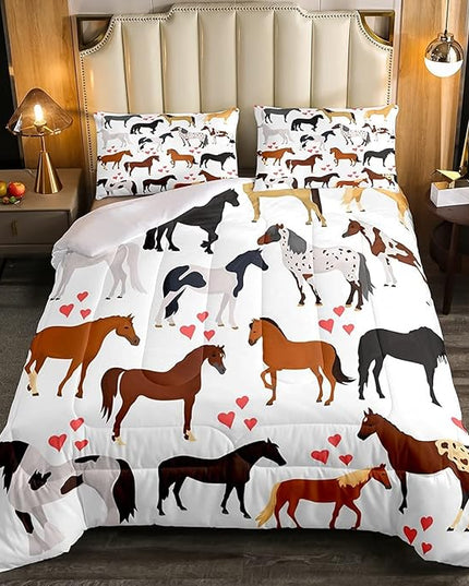Kawaii Comforter Horse Comforter Set Queen Farm Bedding Set Kids Boys Girls Cute Animal Duvet Set Cartoon Horses with Pink Lover Heart Bedroom Decor Duvet Set Cowboy Cowgirls Comforter Set - LeafyLoom