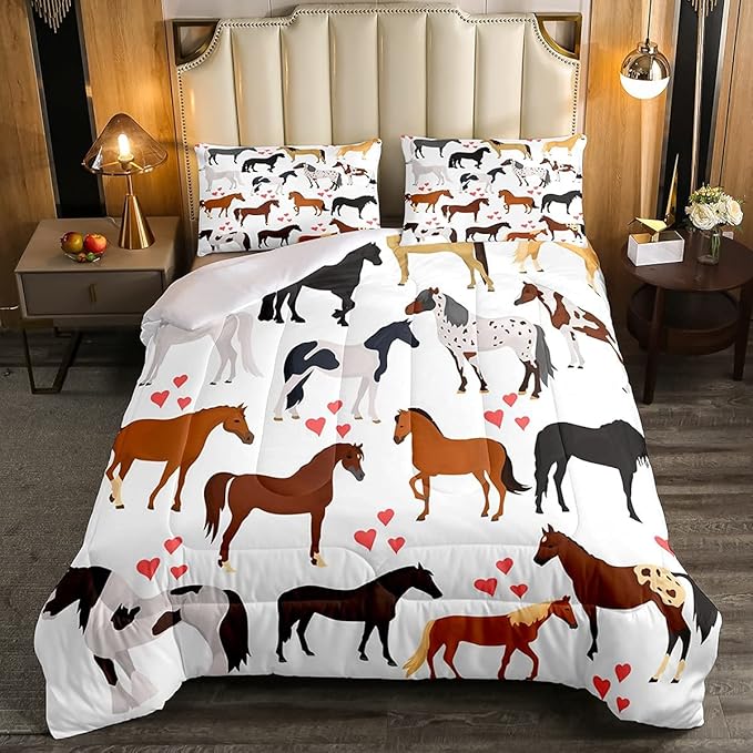 Horse Comforter Set Twin Farm Bedding Set Kids Boys Girls Teens Cute Animal Duvet Set Cartoon Horses With Pink Lover Heart Decor Kawaii Quilt Set Soft Lightweight Cowboy Cowgirls Comforter Set - LeafyLoom
